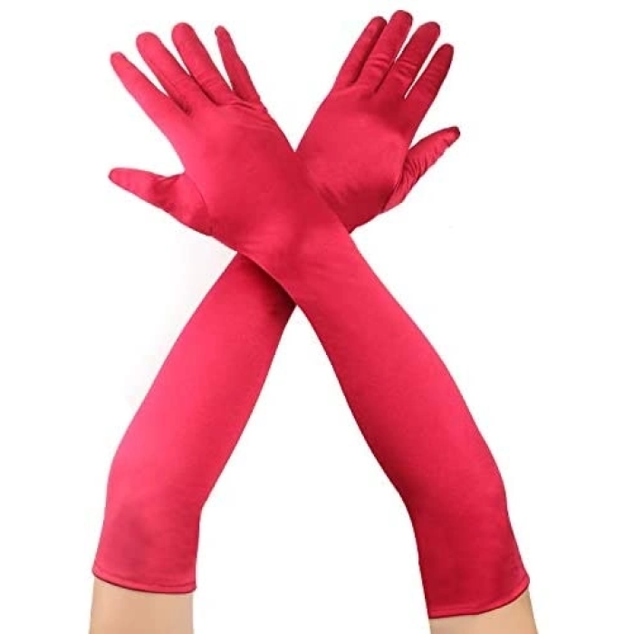 Kırmızı Renk Dirseğe Kadar Uzun Kumaş Eldiven 40 Cm - Lisinya