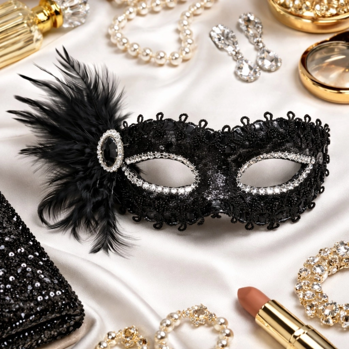 Siyah Taşlı Venedik Parti Maskesi – Tüylü Payetli - Lisinya