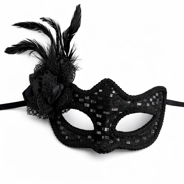 Siyah Tüylü Balo Maskesi Kadın Parti Aksesuarı - Lisinya