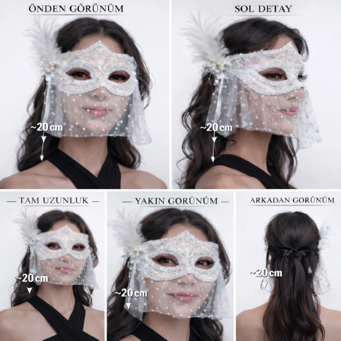 Beyaz Dantel Tüllü Peçeli Parti Maskesi – Tüylü İnci Detaylı - Lisinya