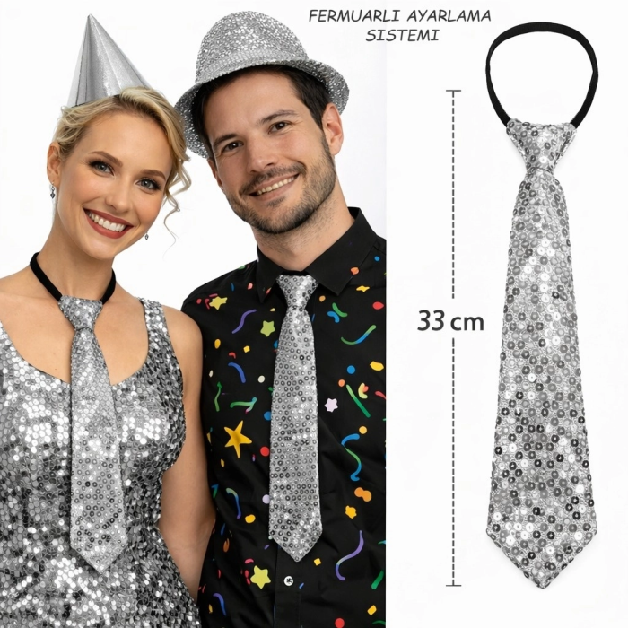 Gümüş Renk Pul Payetli Işıltılı Parti Kravatı 33 Cm - Lisinya