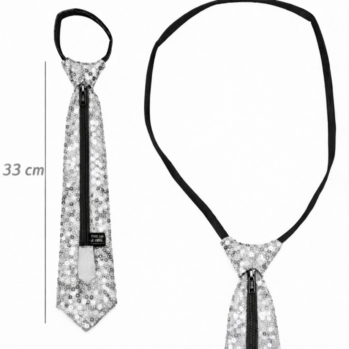 Gümüş Renk Pul Payetli Işıltılı Parti Kravatı 33 Cm - Lisinya