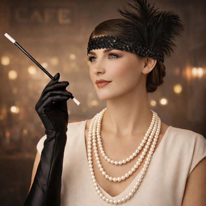 1920’ler Çarliston Aksesuar Seti – İnci Kolye, Eldiven,  Tutucu, Siyah Saç Bandı - Lisinya