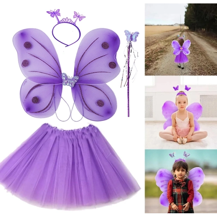 Lila Mor Kelebek Kostümü - Lila Mor Kelebek Kostüm Aksesuar Seti 4 Parça - Lisinya