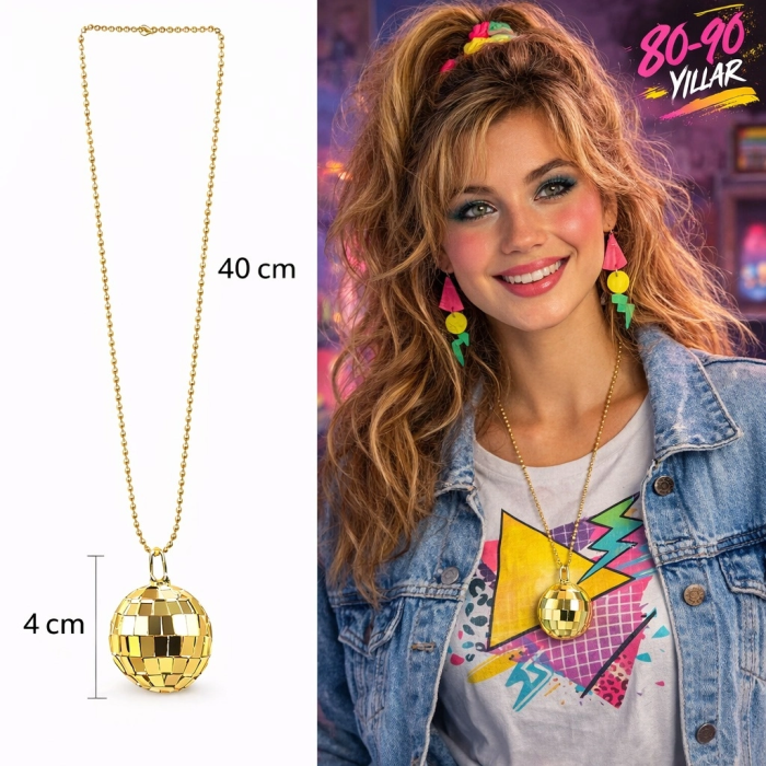 Retro Disko Topu Şekilli 8039ler 9039lar Altın Renk Plastik Kolye - Lisinya