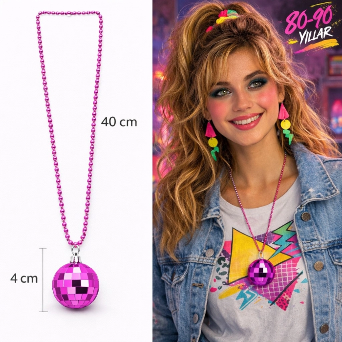 Retro Disko Topu Şekilli 8039ler 9039lar Fuşya Pembe Renk Plastik Kolye - Lisinya