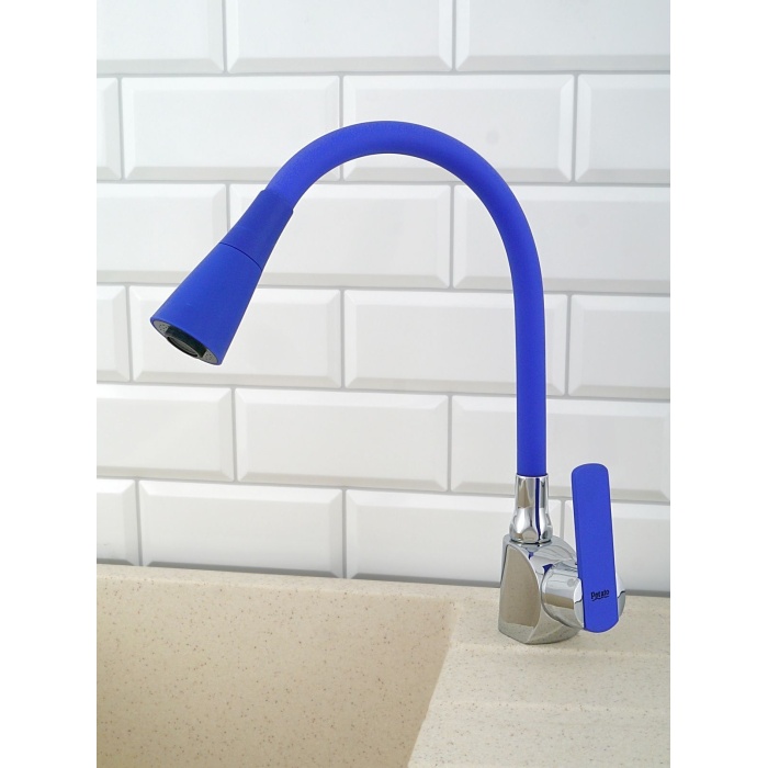 Oynar Başlıklı Çelik Spiral Üzeri Silikon Kaplama Musluk Başlığı Kobra Fonksiyonlu Musluk - Mavi - Lisinya