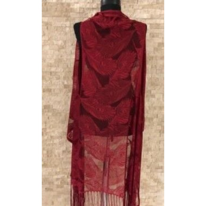 Pareo Dantel Yelek Mayo Bikini Üzeri Yaprak Desenli Püsküllü Plaj Elbisesi - Bordo - Lisinya