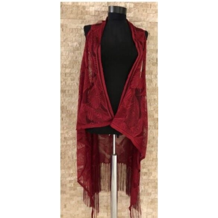 Pareo Dantel Yelek Mayo Bikini Üzeri Yaprak Desenli Püsküllü Plaj Elbisesi - Bordo - Lisinya