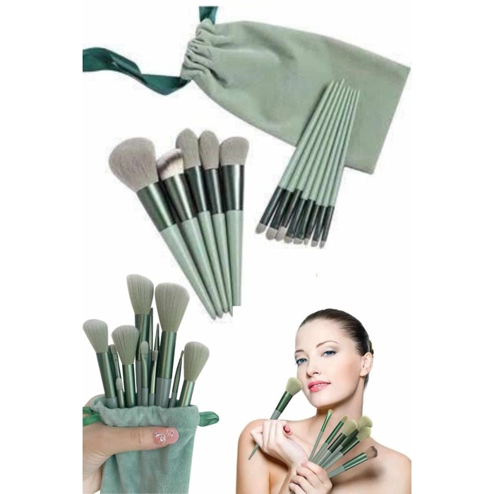 Makyaj Fırça Seti Yeşil 13 Parça Fondöten Fırçası Allık Fırçası Far Fırçası - Lisinya