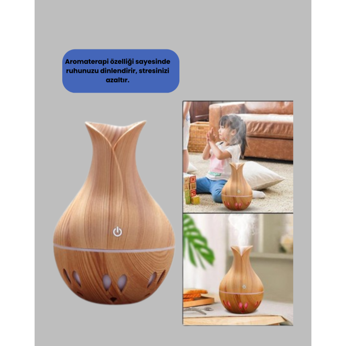 Ultrasonik Ahşap Desenli 130ml Aromaterapi Difüzör ve Hava Nemlendirici - Lisinya