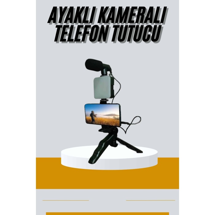 Tripod Telefon Tutucu Kumandalı Mikrofon Led Işık Vlog Video Kayıt - Lisinya