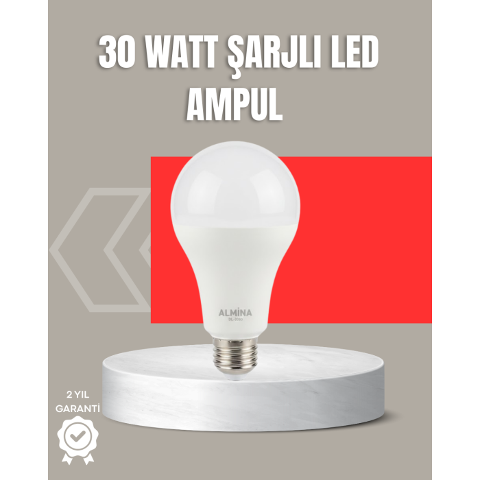 30W Şarjlı LED Ampul E27 Duy %80 Enerji Tasarruflu Soğuk Beyaz - Lisinya