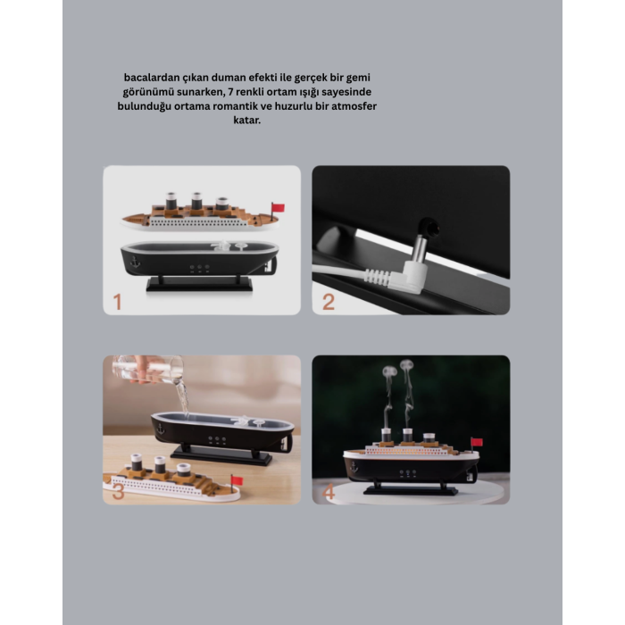 Buhar Efektli Titanik Gemi Oda Kokusu Difüzör LED Işıklı Nemlendirici - Lisinya