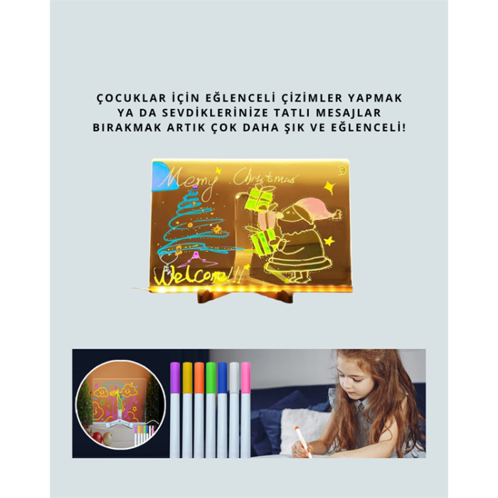 LED Işıklı Şeffaf Yazı Tahtası – Neon Etkili Akrilik Pano, Silinebilir, 7 Renkli Kalemli, 30x20 cm - Lisinya