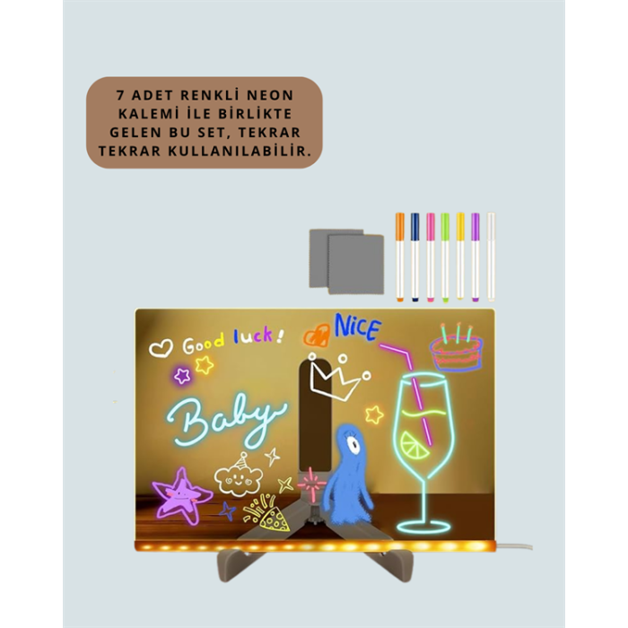 LED Işıklı Şeffaf Yazı Tahtası – Neon Etkili Akrilik Pano, Silinebilir, 7 Renkli Kalemli, 30x20 cm - Lisinya