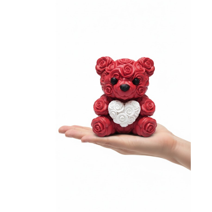 3D Gül Tasarımlı Kalp Ayıcık 10cm Şık Dekoratif Biblo - Lisinya