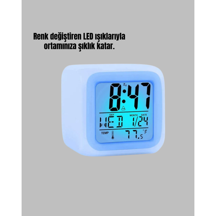Termometre ve Takvim Özellikli 7 Renk Değiştiren Küp Alarm Saati - Lisinya