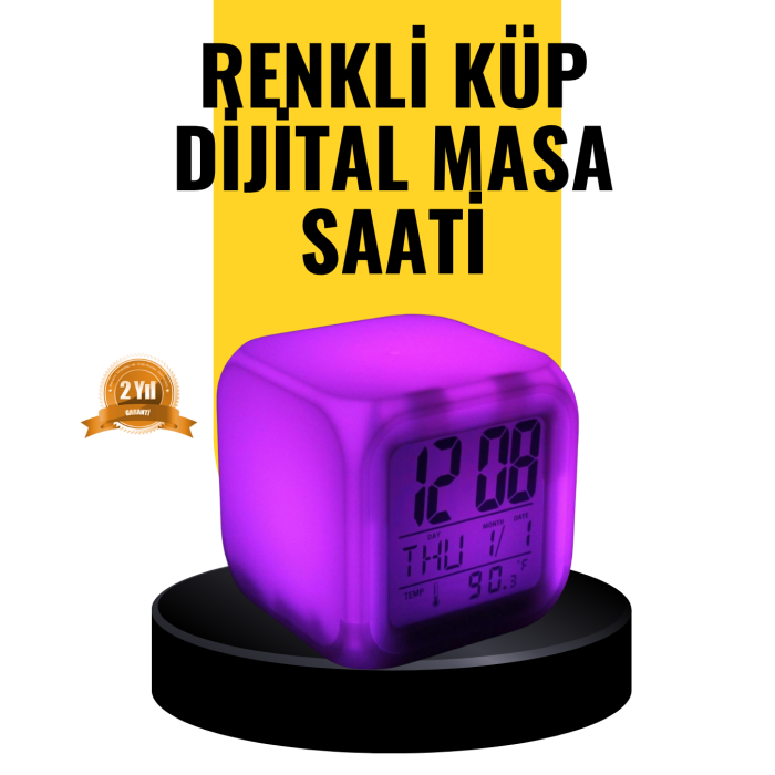 7 Renk LED Işıklı Alarmlı Dijital Küp Masa Saati Termometreli - Lisinya