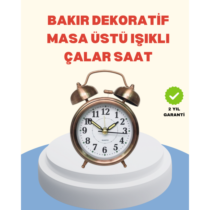 Metal Bronz Nostaljik Masa Saati Alarmlı Büyük Boy Sessiz Mekanizmalı - Lisinya
