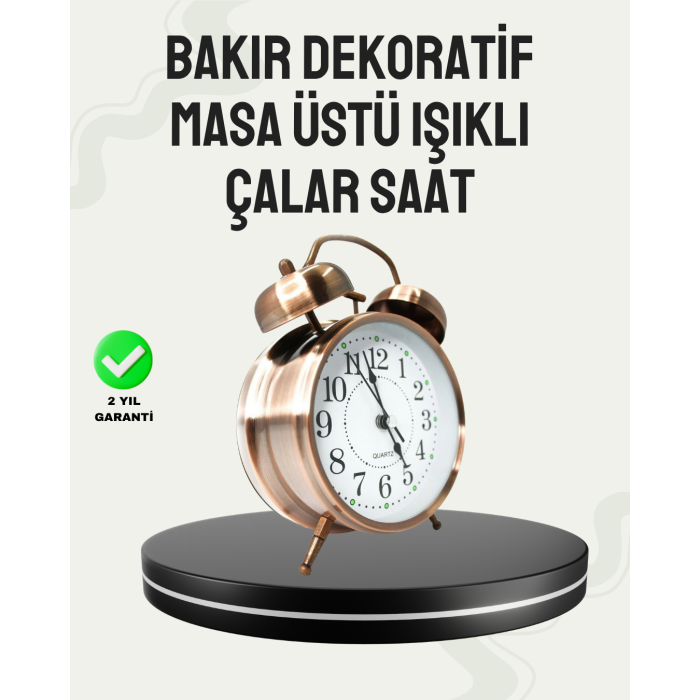 Nostaljik Büyük Boy Metal Masa Saati Bronz Kaplama ve Yüksek Sesli Alarm - Lisinya
