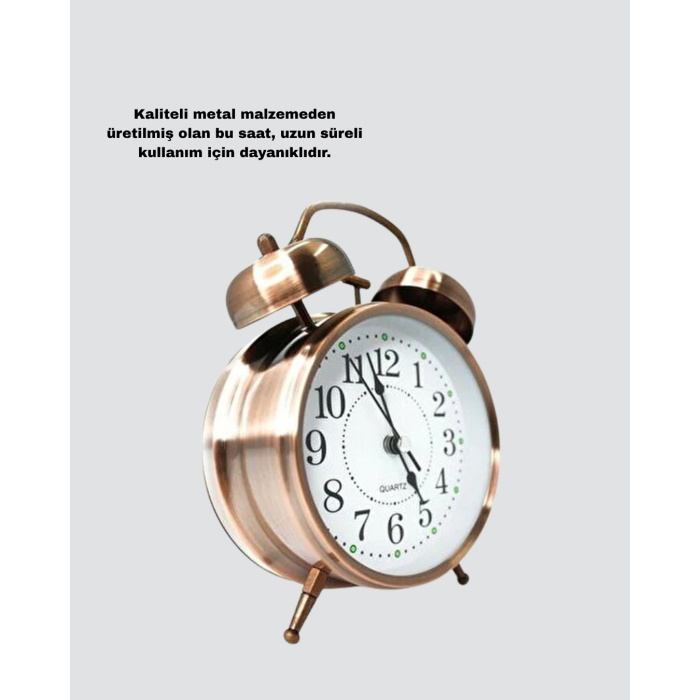 Nostaljik Büyük Boy Metal Masa Saati Bronz Kaplama ve Yüksek Sesli Alarm - Lisinya