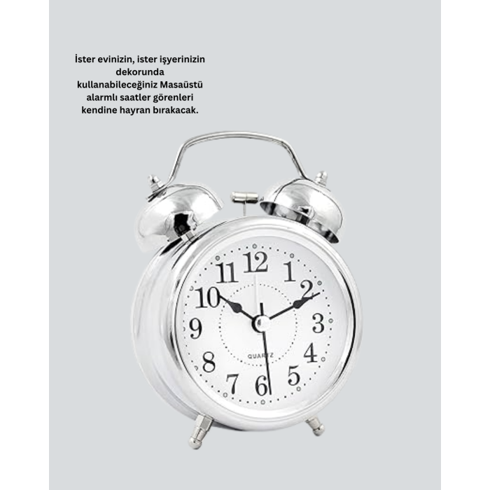 Dekoratif Gümüş Işıklı Alarmlı Masa Saati Sessiz Mekanizma - Lisinya