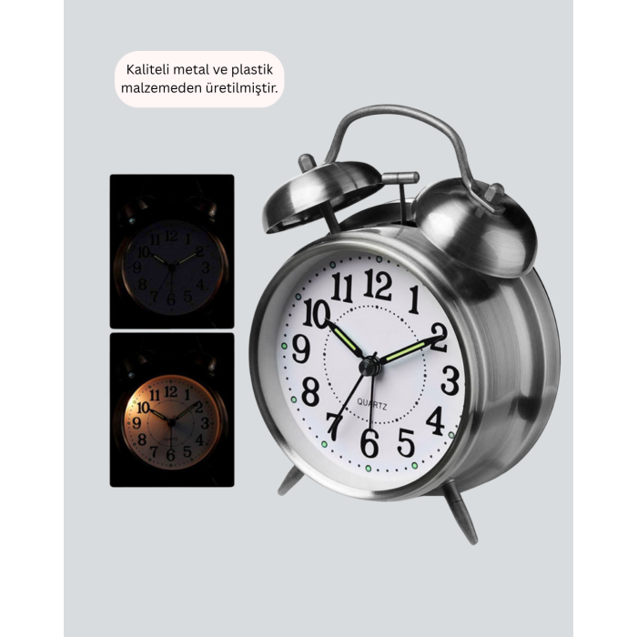 Yuvarlak Gümüş Dekoratif Işıklı Masa Üstü Saat Alarmlı Sessiz Çalışma - Lisinya