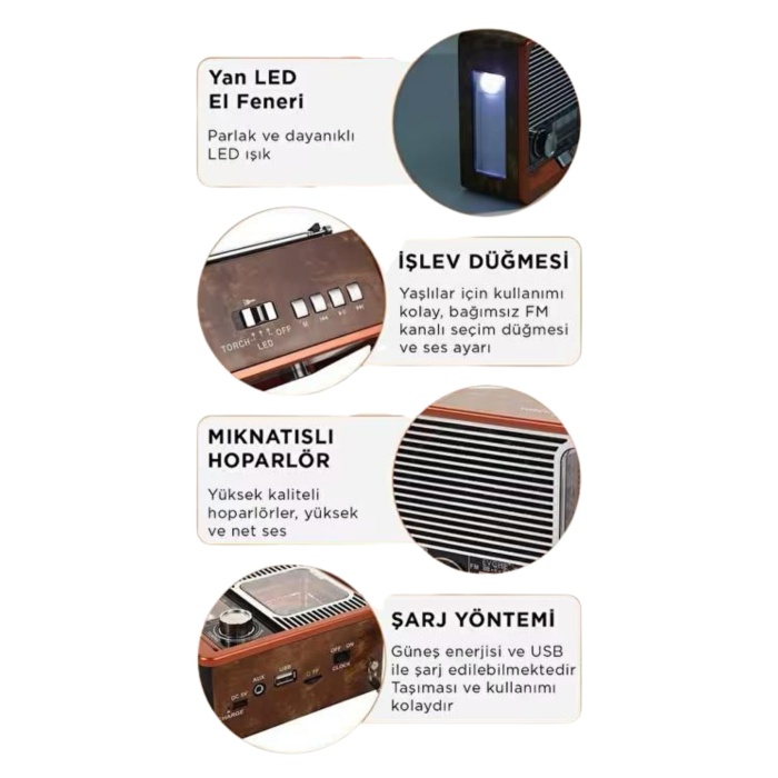 Vintage Nostaljik Radyo AUX USB SD Kart Girişli Şarjlı Bluetooth Bağlantılı - Lisinya