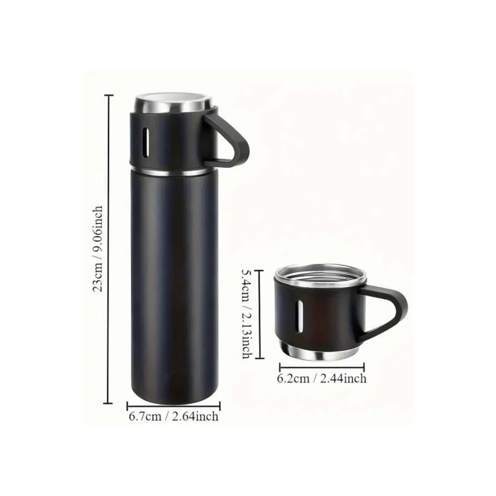 Termos Seti 3lü Bardak Seti Isı Dayanıklı Siyah Paslanmaz Çelik Vakumlu - Lisinya