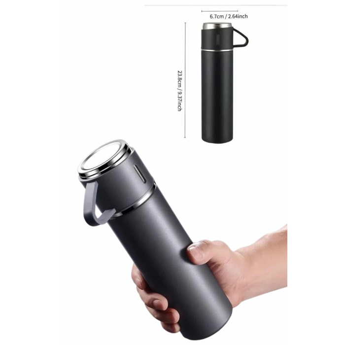 Termos Paslanmaz Çelik Termos Siyah Renk 3 Bardaklı Termos Seti - Lisinya