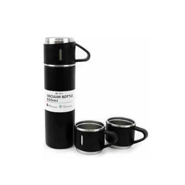Termos Paslanmaz Çelik Termos Siyah Renk 3 Bardaklı Termos Seti - Lisinya