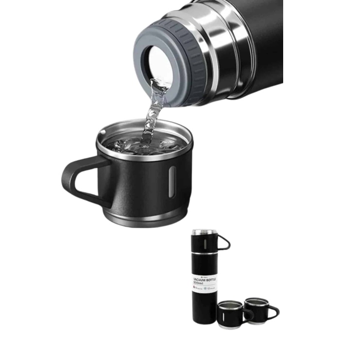 Termos Paslanmaz Çelik Termos Siyah Renk 3 Bardaklı Termos Seti - Lisinya