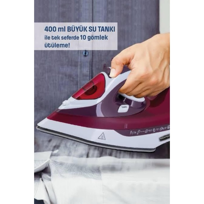 Yeni Nesil Kırmızı Buharlı Ütü 2200 Watt Seramik Tabanlı Yüksek Buhar Gücü - Lisinya