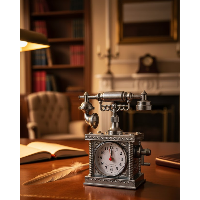 Vintage Telefon Tasarımlı Masa Saati ve Çalar Saat Dekoratif Model - Lisinya