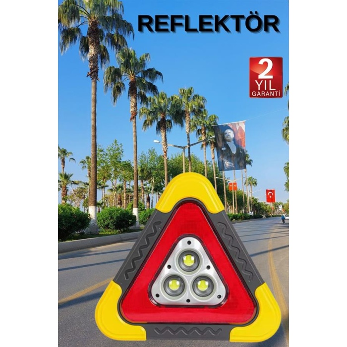 Reflektör Güneş Panelli Solarlı Şarjlı Üçgen Işıklı Trafik Reflektör Fener - Lisinya
