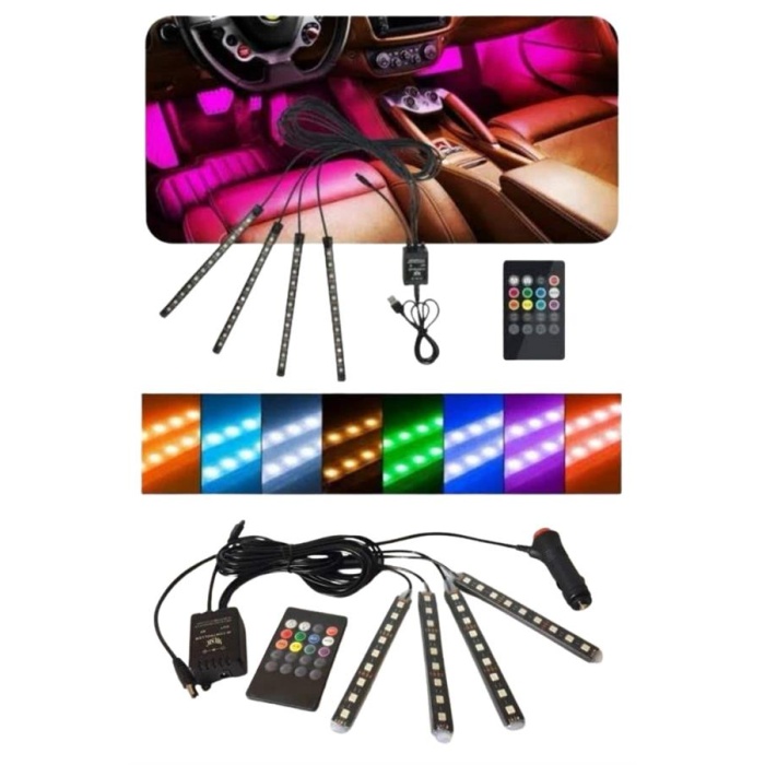 12 Ledli RGB Işıklı Araç Içi Ayak Altı Led Oto Ampul Kumandalı 7 Renk - Lisinya