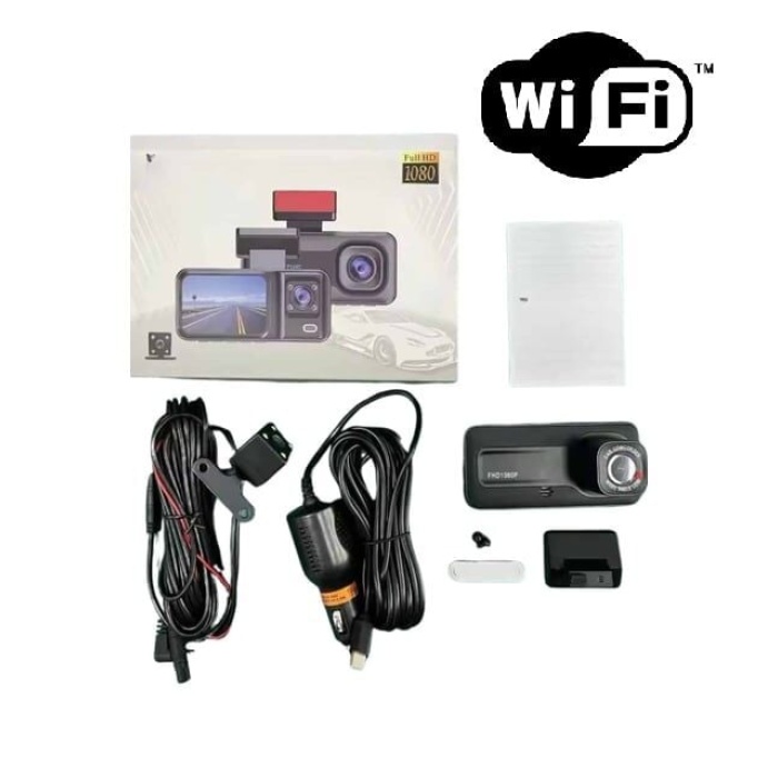 Araç Kamerası - 3 Kameralı Wifi Ön , İç ve Arka Full HD DVR Araç İçi Ekranlı Kamera - Lisinya