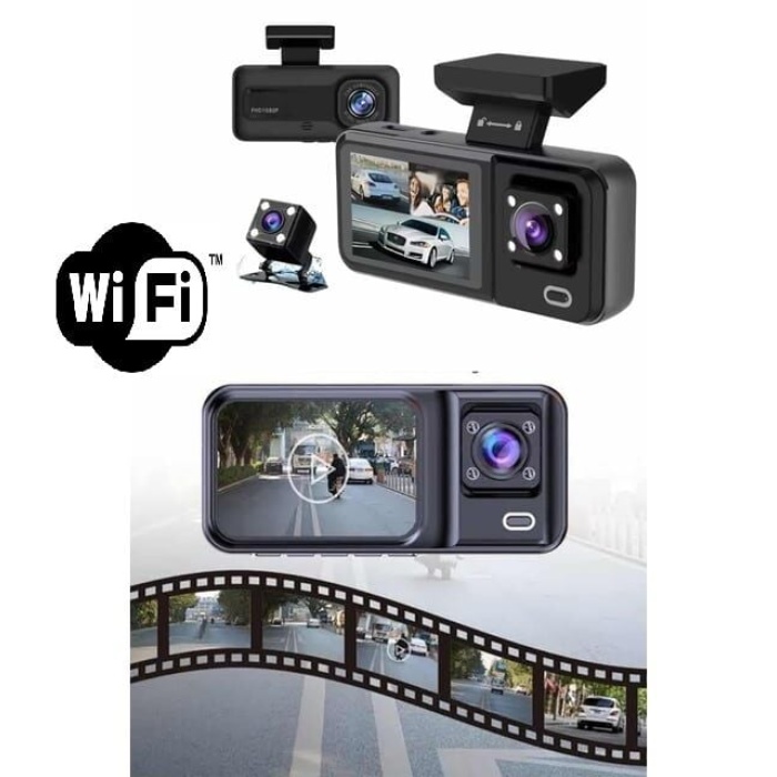Araç Kamerası - 3 Kameralı Wifi Ön , İç ve Arka Full HD DVR Araç İçi Ekranlı Kamera - Lisinya