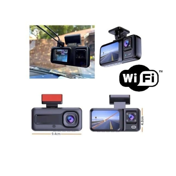 Araç Kamerası - 3 Kameralı Wifi Ön , İç ve Arka Full HD DVR Araç İçi Ekranlı Kamera - Lisinya
