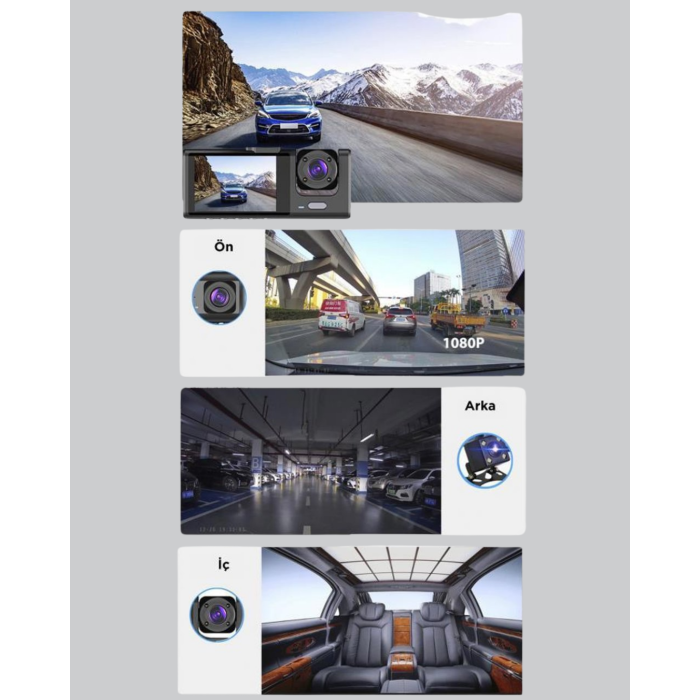 Üç Kameralı Araç Kamerası Full HD Gece Görüş  G-Sensör - Lisinya