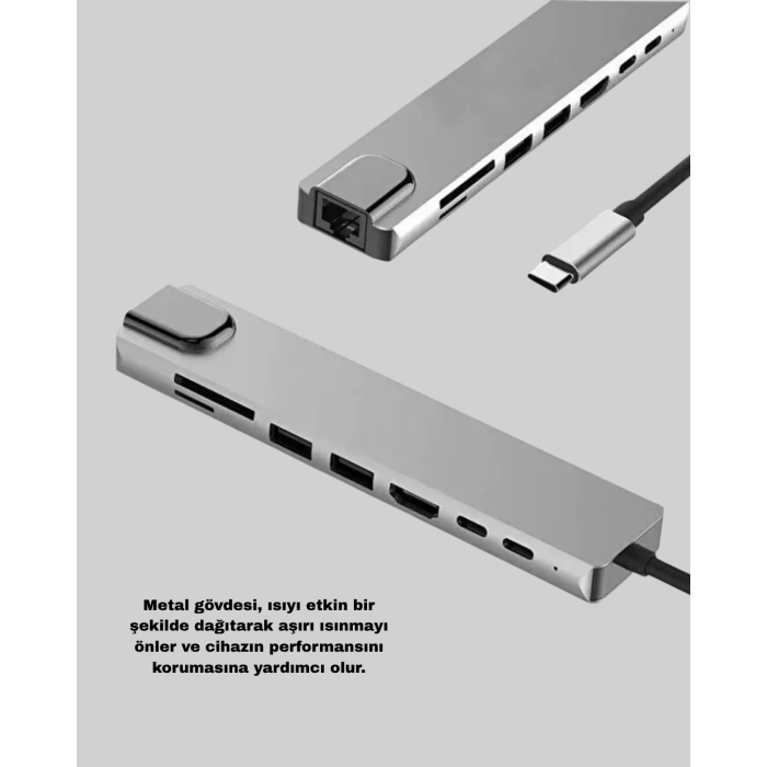 Alüminyum Kasalı MacBook USB-C Hub – 4K HDMI, USB 3.0, SD/TF Kart Girişi, PD Şarj Desteği - Lisinya