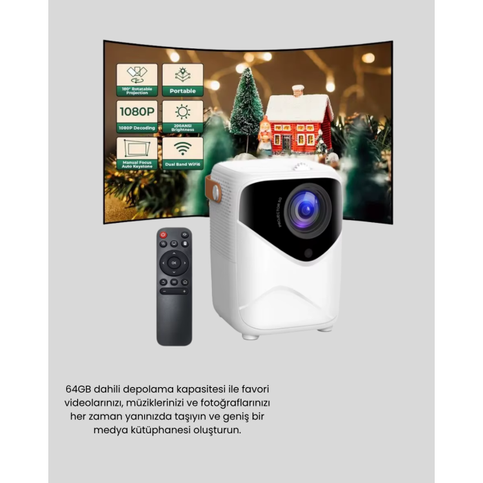 Mini Akıllı Projektör – 1080P Full HD, 64GB Depolama, 2GB RAM, Uzaktan Kumanda Destekli - Lisinya
