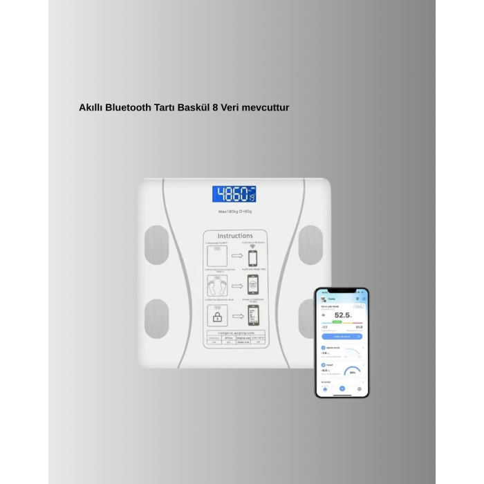 Akıllı Dijital Baskül – Bluetooth Bağlantılı, 8 Ölçüm Verili, Akıllı Vücut Analiz Tartısı - Lisinya