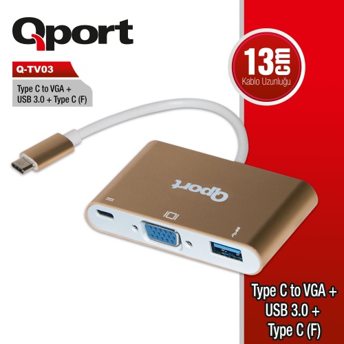 FLAXES Q-TV03 Q-TV03 TYPE-C TO VGA+USB 3.0+TYPE-C (F) 1920*1080P ÇEVİRİCİ CONVERTER