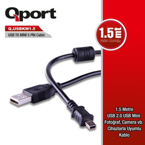 QPORT Q-USBKM1_5  Q-USBKM1.5 1.5 METRE 5PİN KAMERA USB 2.0 ŞARJ DATA KABLOSU