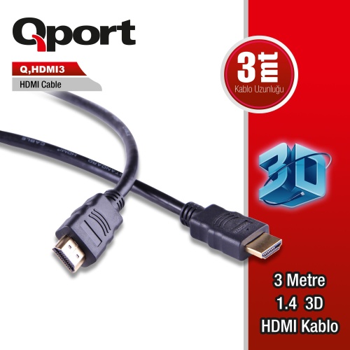 QPORT Q-HDMI3  Q-HDMI3 to HDMI3 1.4 3D 3 METRE ALTIN UÇLU KABLO