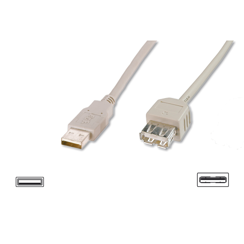ASSMANN AK-300202-018-E USB 2.0 Uzatma Kablosu, USB A, Erkek - USB A Dişi, AWG 28, 1.8 metre, USB 2.0 uyumlu, UL, bej renk