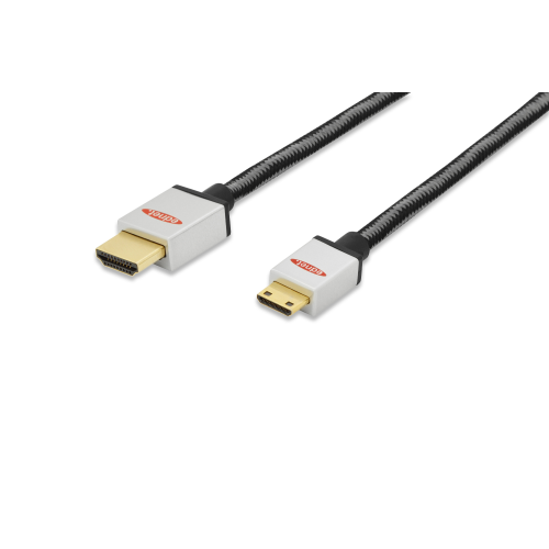 ednet  ED-84488 ednet Premium HDMI High Speed with Ethernet Bağlantı Kablosu (HDMI 1.4), 2160p, 4K, HDMI Tip C (mini) Erkek &lt;-&gt; HDMI A Erkek, 2 metre, AWG30, UL, 2x zırhlı, pamuk örgü kablo kılıfı, altın kaplama, gümüş/siyah renk