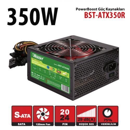 PowerBoost BST-ATX350R 350w, PPFC 12cm Kırmızı Fanlı ATX PSU Power kablo (Retail Box)